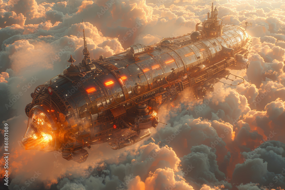 Poster a steampunk airship navigating through clouds, symbolizing retro-futurism. concept of steampunk and 