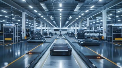 Obraz premium Sleek and modern factory floor for mass production of electric vehicle battery components. EV Battery Components Production Line