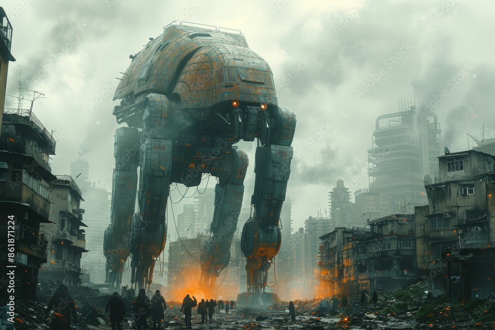 Poster a giant robot defending a city from an alien invasion, capturing epic battles. concept of sci-fi and