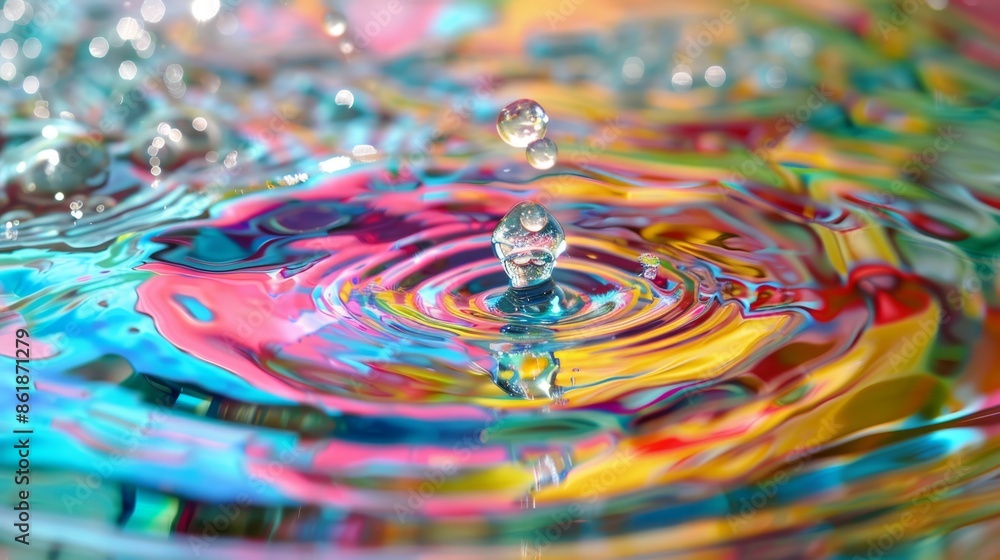 Poster vibrant droplets are creating ripples in colorful water, showing a dynamic and captivating movement