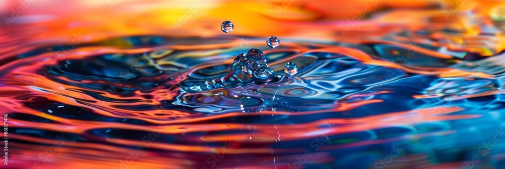 Poster vibrant droplets are creating ripples in colorful water, showing a dynamic and captivating movement