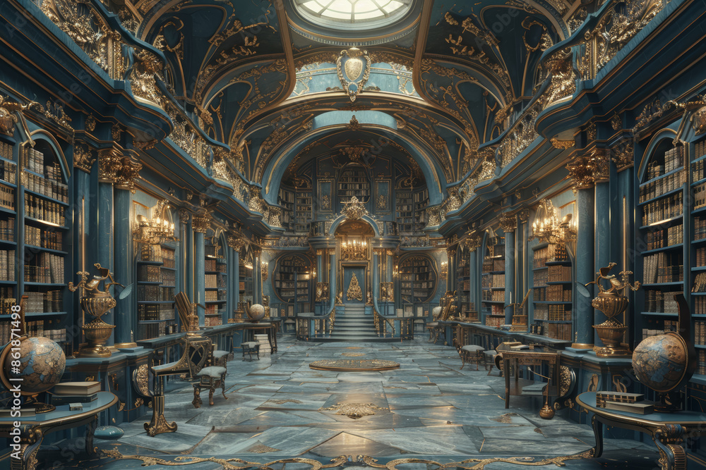 Poster an ancient library filled with towering bookshelves and mystical tomes. concept of knowledge and mys