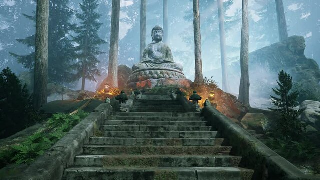 statue of buddha in the forest valley
