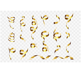Fototapeta premium Gold confetti. Serpentine spiral ribbons. Golden luxury party decor.