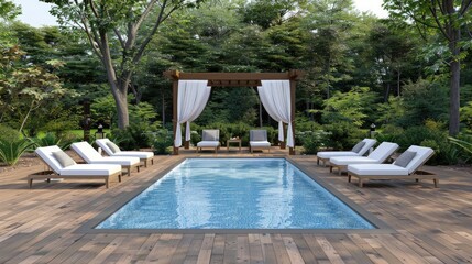 A serene outdoor oasis with a sparkling pool, comfortable white loungers, and a wooden pergola draped in white curtains