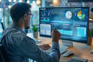 Businessman analyzing data for performance metrics and kpi reporting in database system