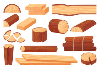 Cartoon isolated timber. Wooden planks and logs, stacks of timbers. Forest tree elements for household, camp or rest on nature, neoteric vector set