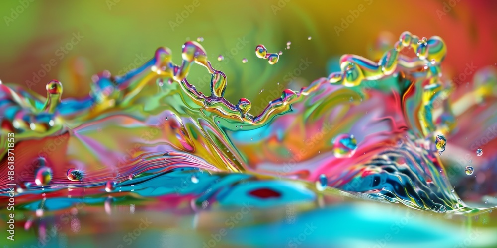 Poster colorful liquid captures dynamic motion and vibrant hues in a closeup shot, creating a visually comp