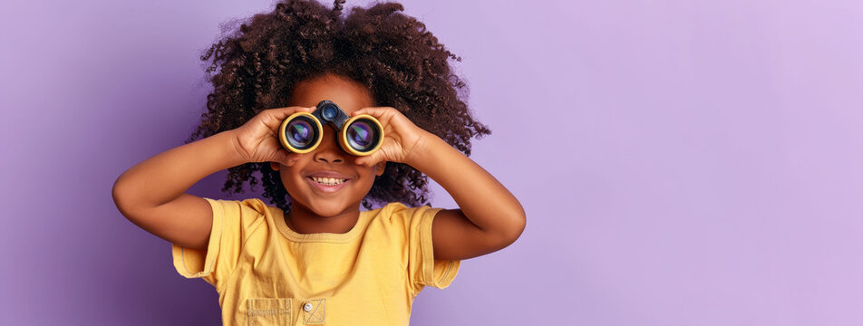 A cheerful kid with curly hair looks through binoculars on a purple background.