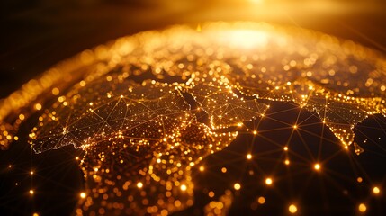 The image shows a globe with a network of lines connecting various countries, all rendered in a warm golden hue 