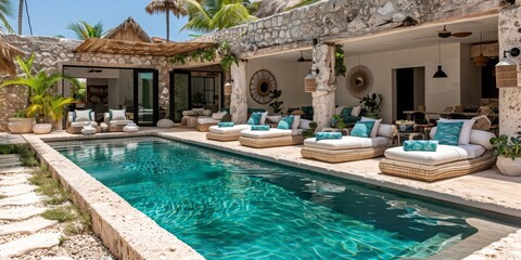 Modern poolside area with stylish outdoor furniture in a natural setting, featuring a stone pool, palm trees, and a comfortable lounge atmosphere