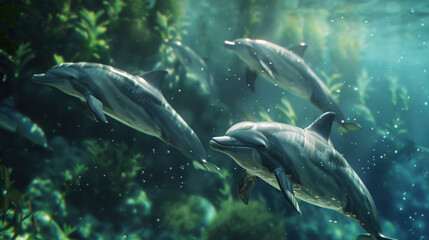 Fototapeta premium A close encounter with a group of dolphins swimming gracefully near coral reefs, showcasing their realistic skin tones and dynamic movements. 