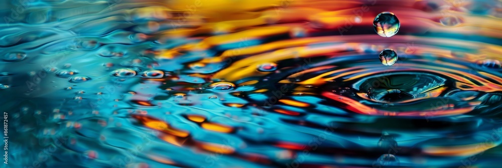 Poster vibrant droplets are creating ripples in colorful water, showing a dynamic and captivating movement
