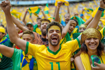 Obraz premium Happy Brazilian soccer fans cheer for their team. America Copa, Brazil