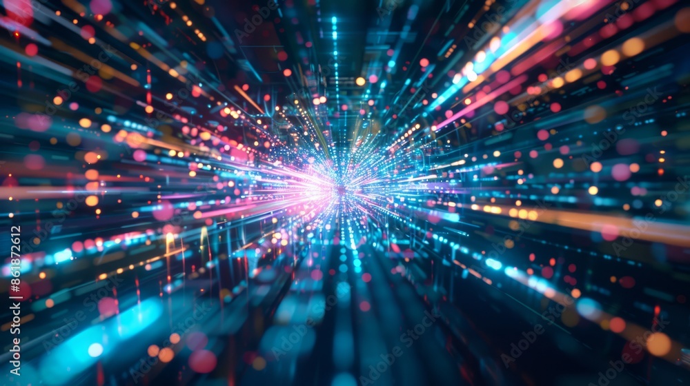 Poster dynamic image of lights in warp speed motion blur with vibrant color streaks and futuristic aestheti