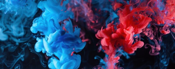 Obraz premium A painting of a blue and red swirl with a red heart in the middle. The painting has a dreamy, ethereal quality to it. Free copy space for text.