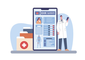 Electronic health record. Medical patient information, smart technologies in medicine. Doctor with tablet, telemedicine kicky vector scene