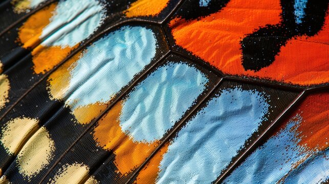 A close up photograph showcasing the intricate patterns and colors on a butterfly wing