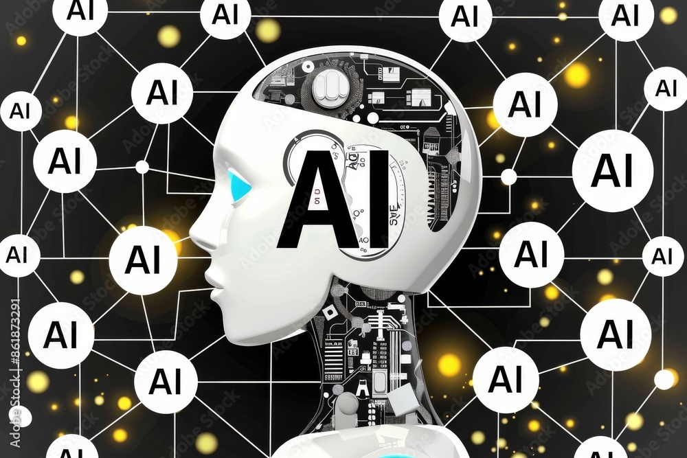 Poster robot head with ai network, artificial intelligence, digital connections, futuristic robotics, ai po