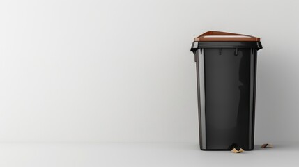 Brown and black plastic litter bin against white backdrop retro design with space for text