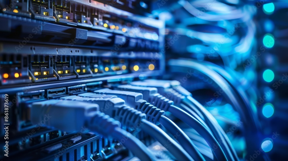 Poster close-up of network switches and ethernet cables in a data center showcasing connectivity and commun
