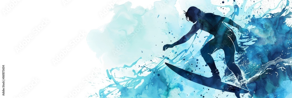 Poster Captivating watercolor graphic depicting the dynamic motion and energy of surfing. This visually striking wallpaper artwork features a serene ocean landscape with a bold.