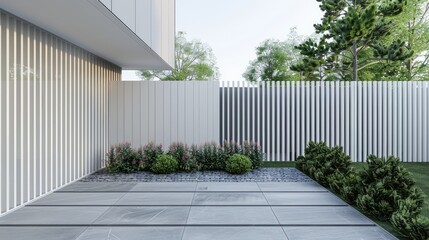 A modern home exterior featuring a white fence and patio