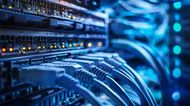 Close-up of network switches and Ethernet cables in a data center showcasing connectivity and communication.
