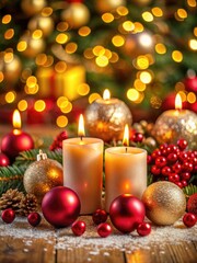Festive holiday scene with candles and ornaments.