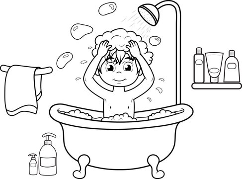 Ni&ntilde;o ba&ntilde;&aacute;ndose en una ba&ntilde;era, aseo personal, limpieza corporal, ilustracion vectorial sin fondo en blanco y negro, arte lineal.	