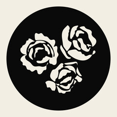 White silhouette of peonies flowers or roses isolated on a black background.	
