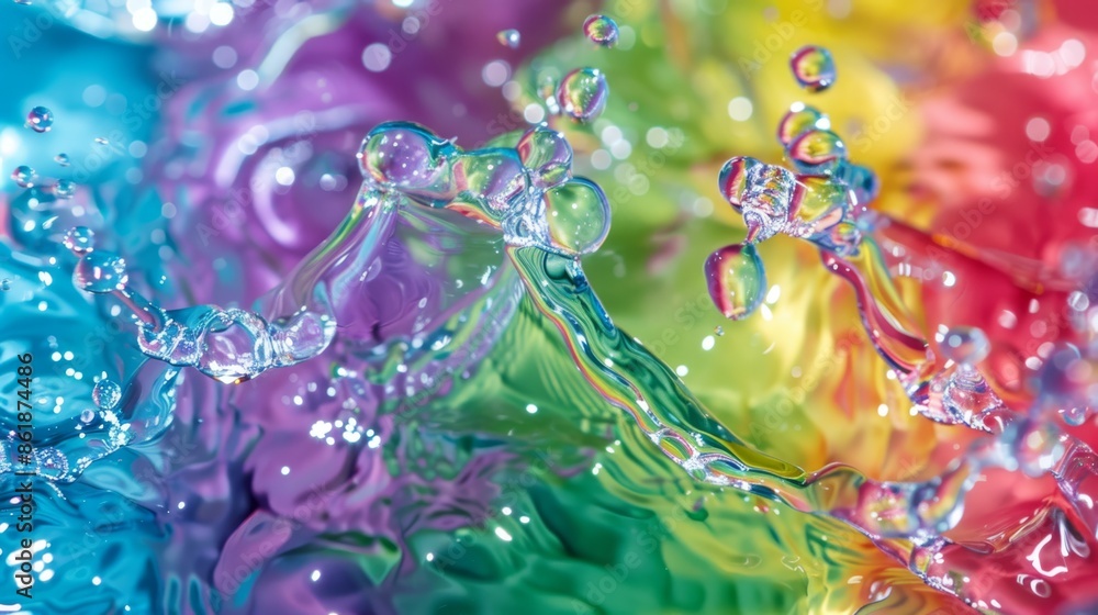 Poster lively abstract image of colorful rainbow water splashes and bubbles blending in a dynamic compositi
