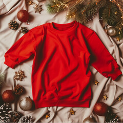 plain red shirt mockup laying down with christmas decoration, mockup sweatshirt, generative AI