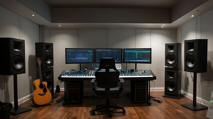 Contemporary music studio including bright lighting, soundproof walls, and cozy gear. Conceptual music production, bright lighting, soundproof walls, cozy gear, and a contemporary studio