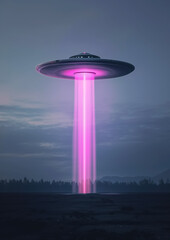 UFO in the sky abducting people with its violet ray, beings from another planet, under disc cover, generative AI