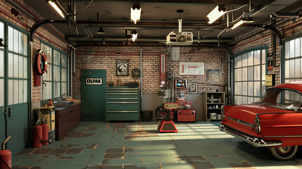 A vintage garage with a classic red car, various tools, and equipment neatly arranged against brick walls and green doors