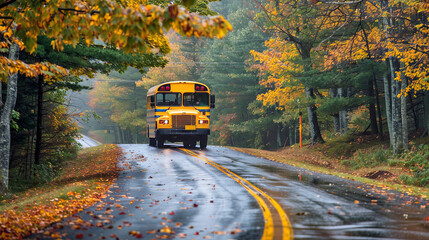 Obraz premium A yellow school bus drives down a winding, wet road through a forest with colorful autumn foliage
