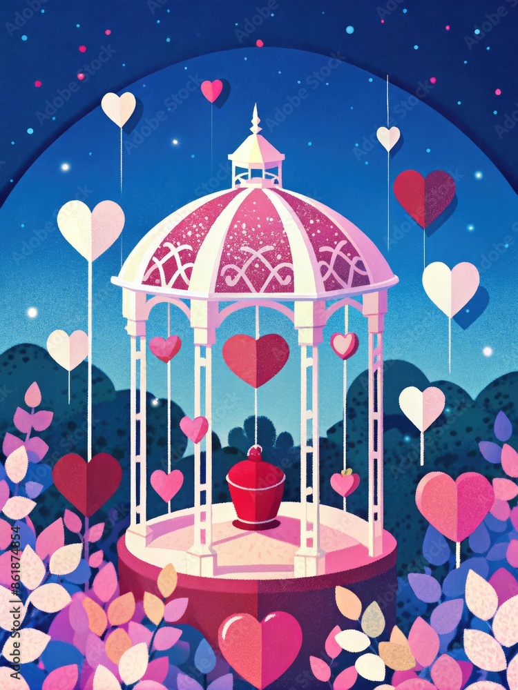 Canvas Prints Romantic gazebo adorned with hearts and flowers.