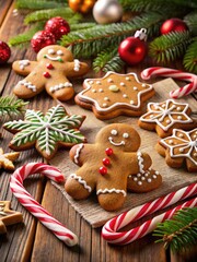 Gingerbread cookies with festive icing and candy canes.