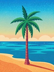 Obraz premium Palm tree on a serene beach at sunset.