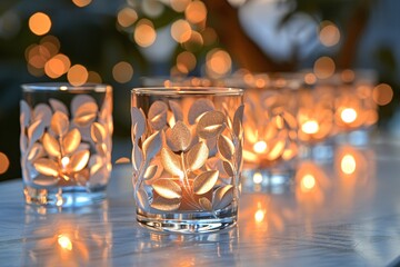 Table setting for Romantic dessert, Glasses with white painting of small leaves. 