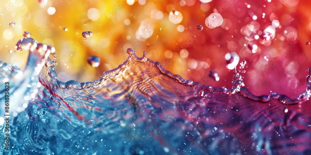 Poster lively abstract image of colorful rainbow water splashes and bubbles blending in a dynamic compositi