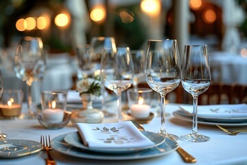 Table setting for Romantic dessert, Glasses with white painting of small leaves.