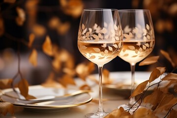 Obraz premium Table setting for Romantic dessert, Glasses with white painting of small leaves.