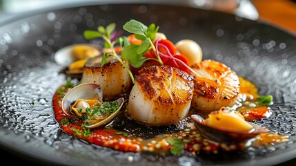 The image shows a plate of seafood with a sauce and garnishes seafood includes clams and scallops.