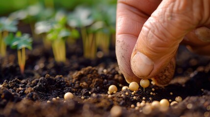 A hand carefully plants seeds into rich, dark soil. Young seedlings are visible in the background, showcasing the growth potential of the freshly planted seeds