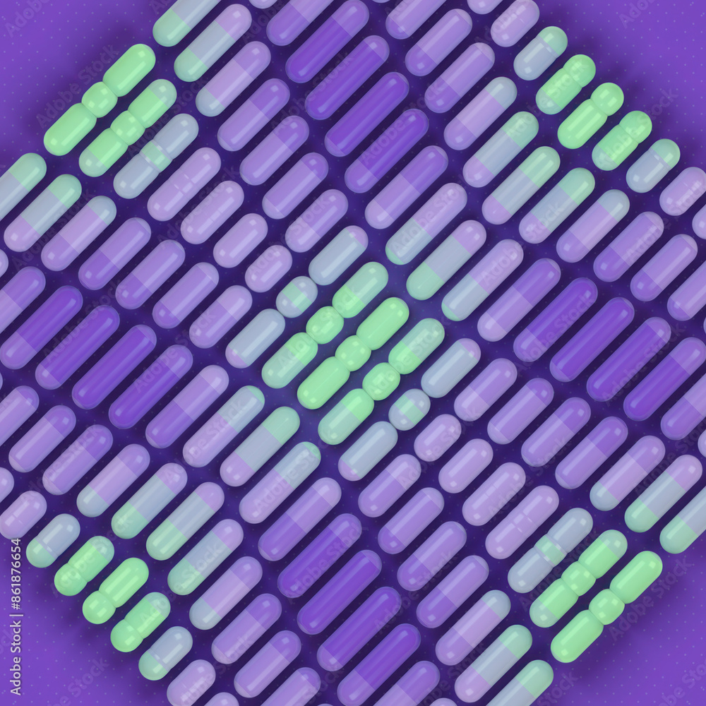 Poster Digital illustration of a pattern of purple and green gradient capsules arranged in a square. 3d rendering