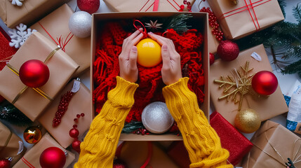 a woman in a yellow sweater preparing Christmas gifts, family entrepreneurship, overhead view, Christmas balls and decorations, generative AI