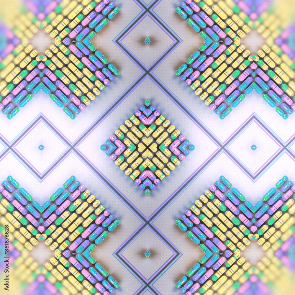 Aufkleber Fascinating kaleidoscopic pattern of groups of multicolored cylindrical figures. 3d rendering digital illustration