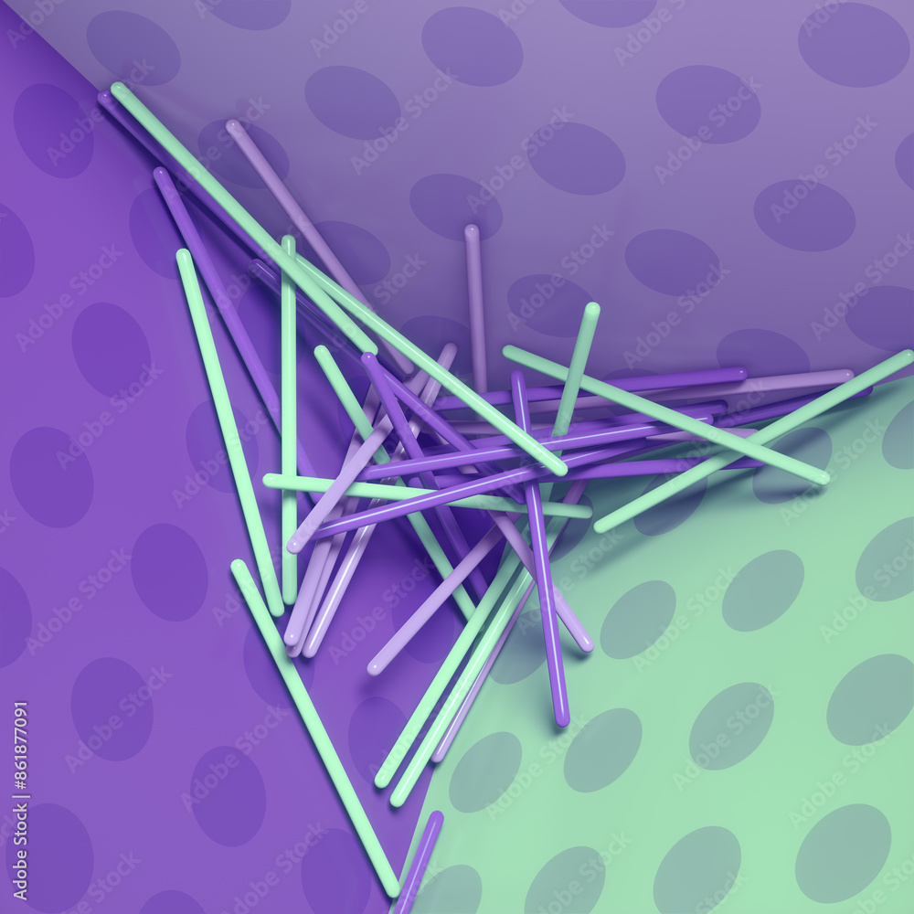 Poster 3d rendering digital illustration of chaotically drawn blue and purple sticks on glossy polka-dot ba